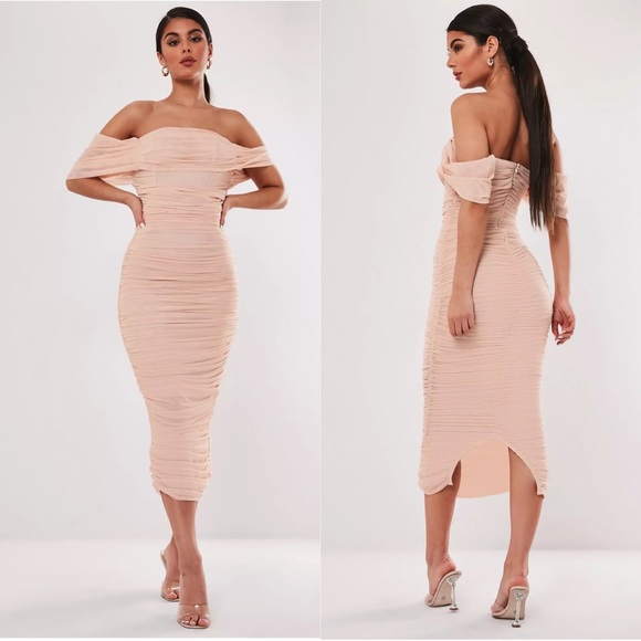 mesh ruched bardot midi dress